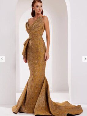 Fouad Sarkis 2425 Evening Gown Long Mustard/Yellow Gold Color, Elegant and Chic